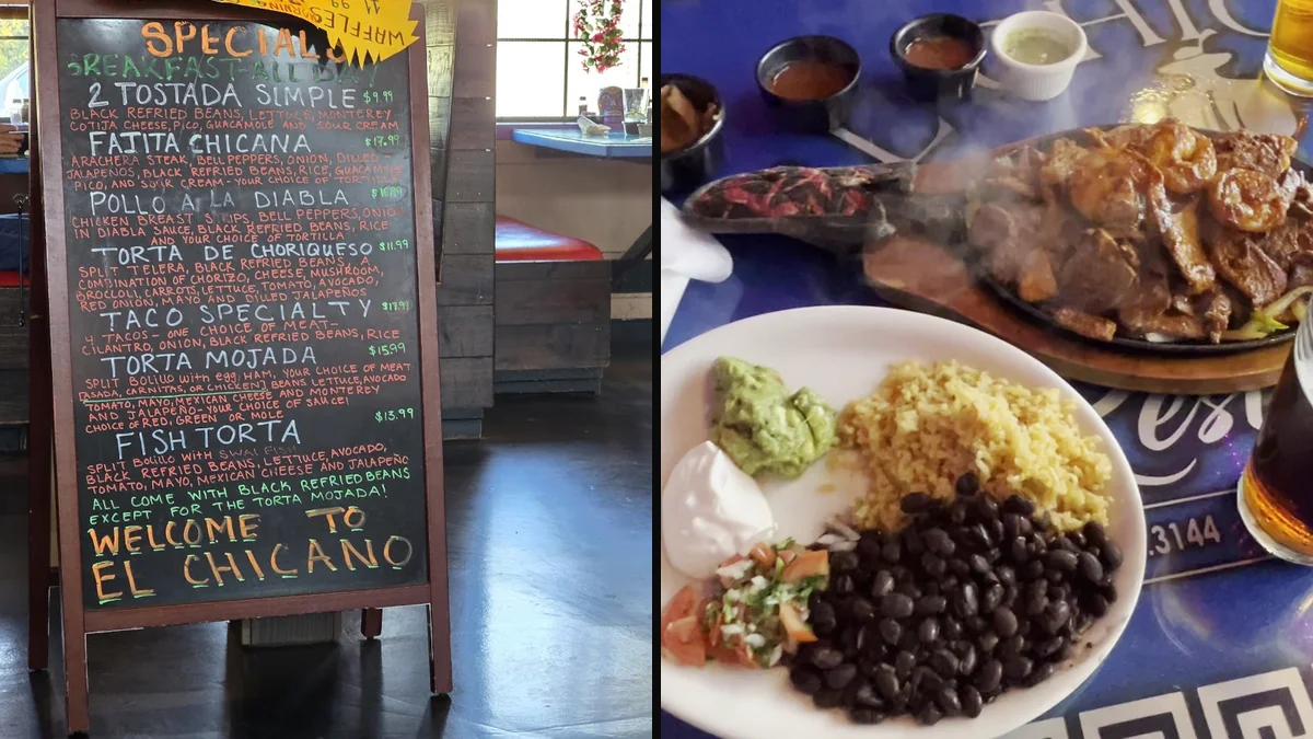 Mexican restaurant interior with seating and warm tones.